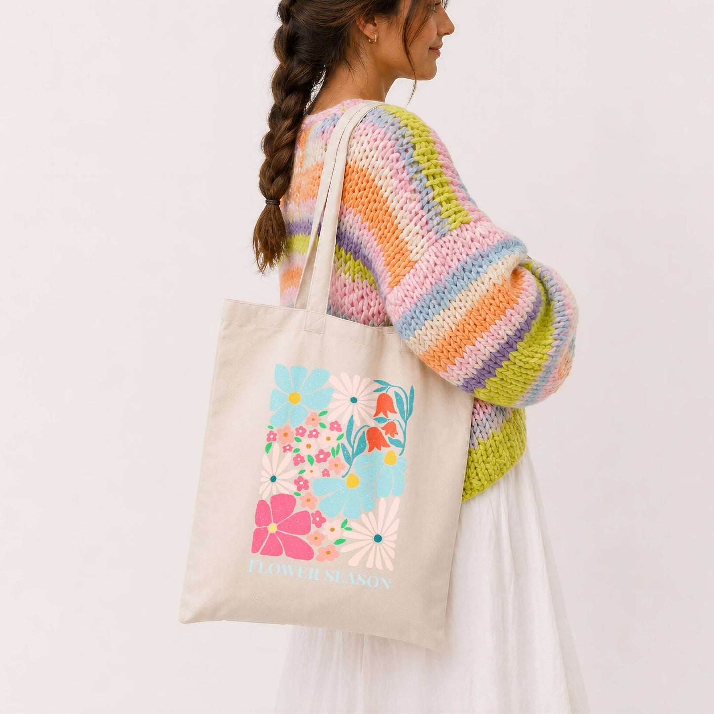 Ekologisk tygkasse / Totebag med långa handtag och blommönster i turkos och rosa