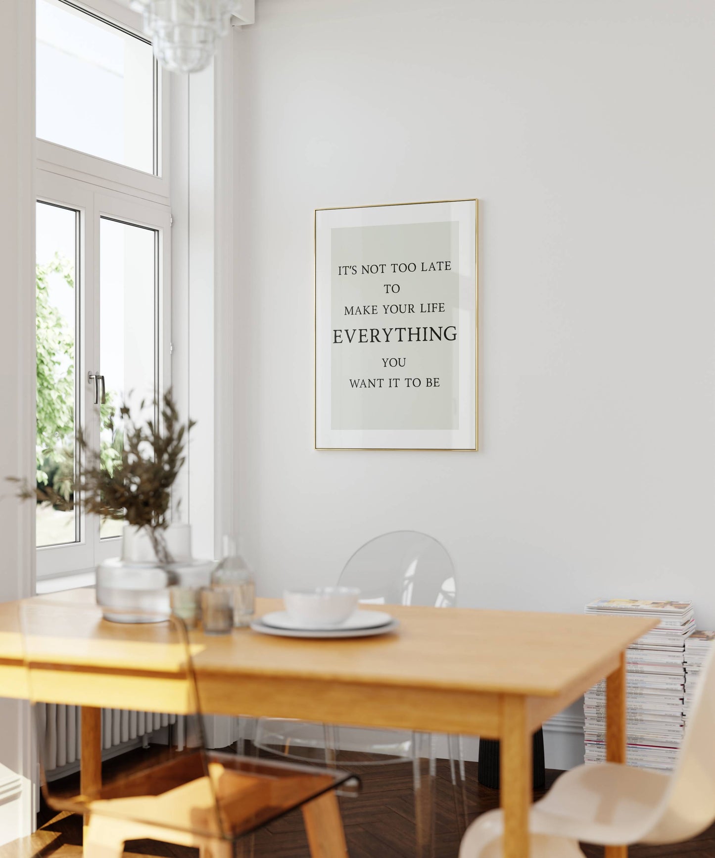 Poster med text "It's not too late to make your life everything you want it to be"